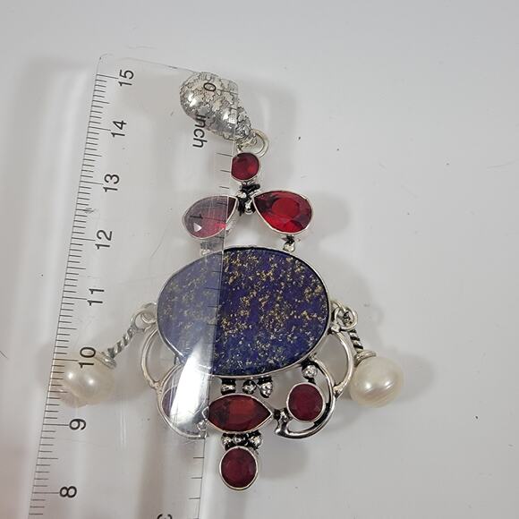 Handmade Sterling Silver Pendant with Lapis Lazuli Garnet Accents and Pearl Drop - Picture 3 of 10